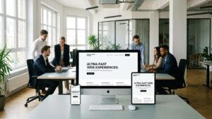 Vue d’ensemble d’une PME moderne devant un site web épuré et rapide sur ordinateur et mobile, interface lumineuse, ambiance